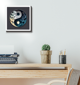 Wrapped canvas depicting fire and ice imagery.
